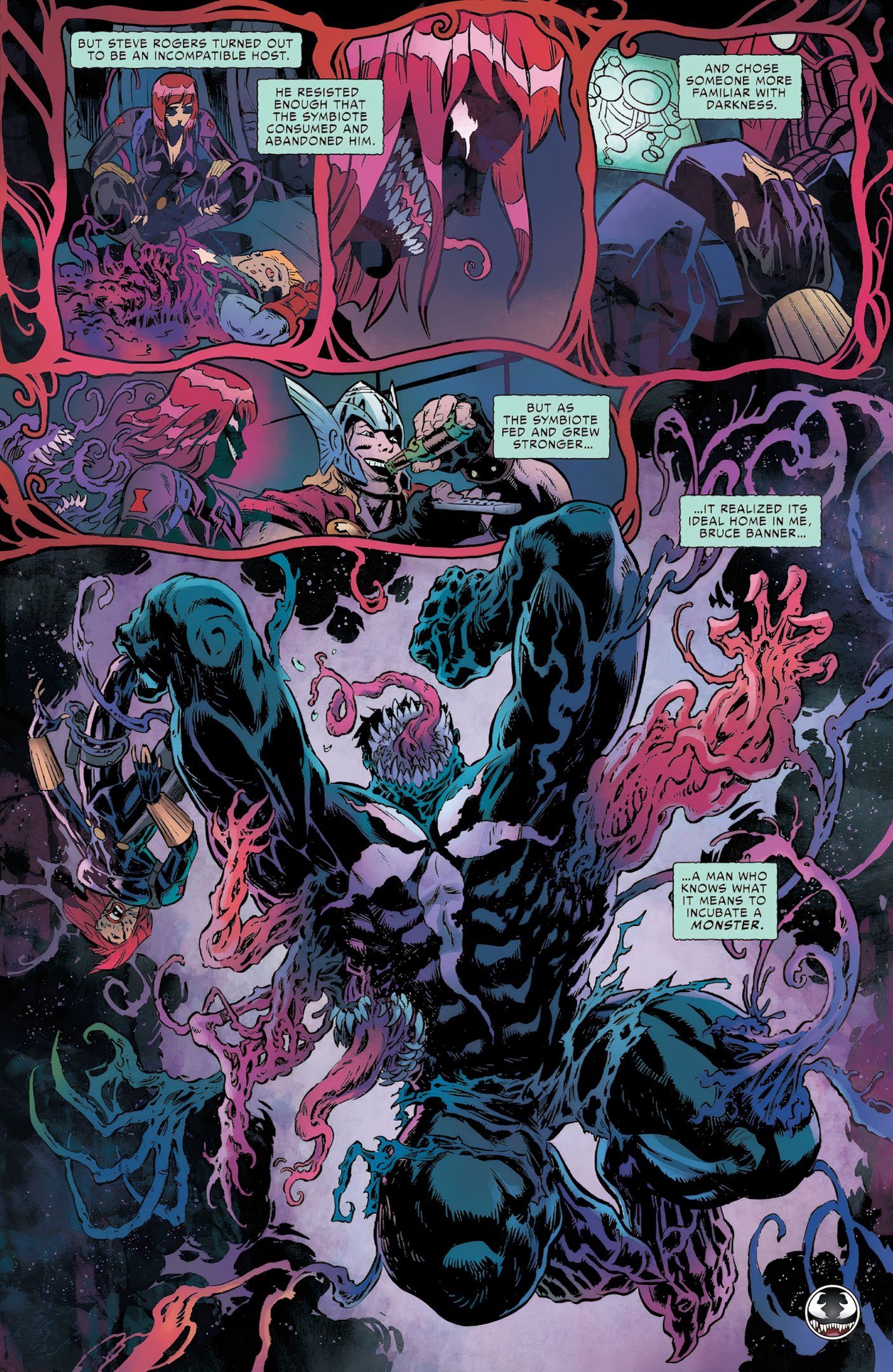 Página de quadrinhos: Venom Symbiote consegue assumir o controle do corpo de Venom.