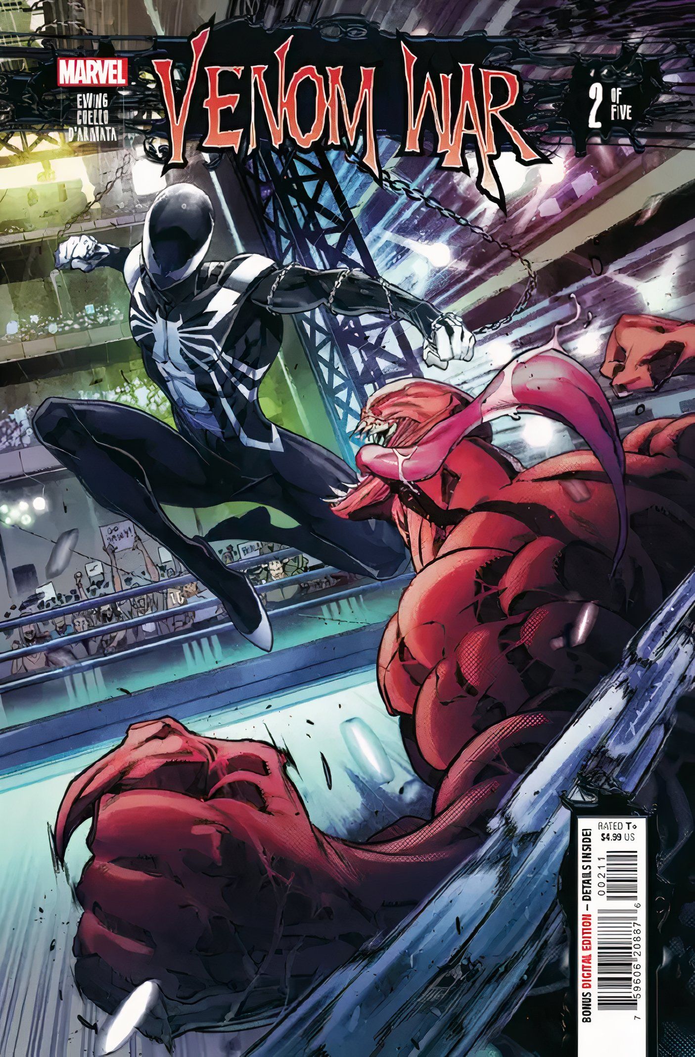 Portada de Venom War #2, en la que Peter Parker con un traje de simbionte se lanza contra un enorme adversario simbionte rojo.