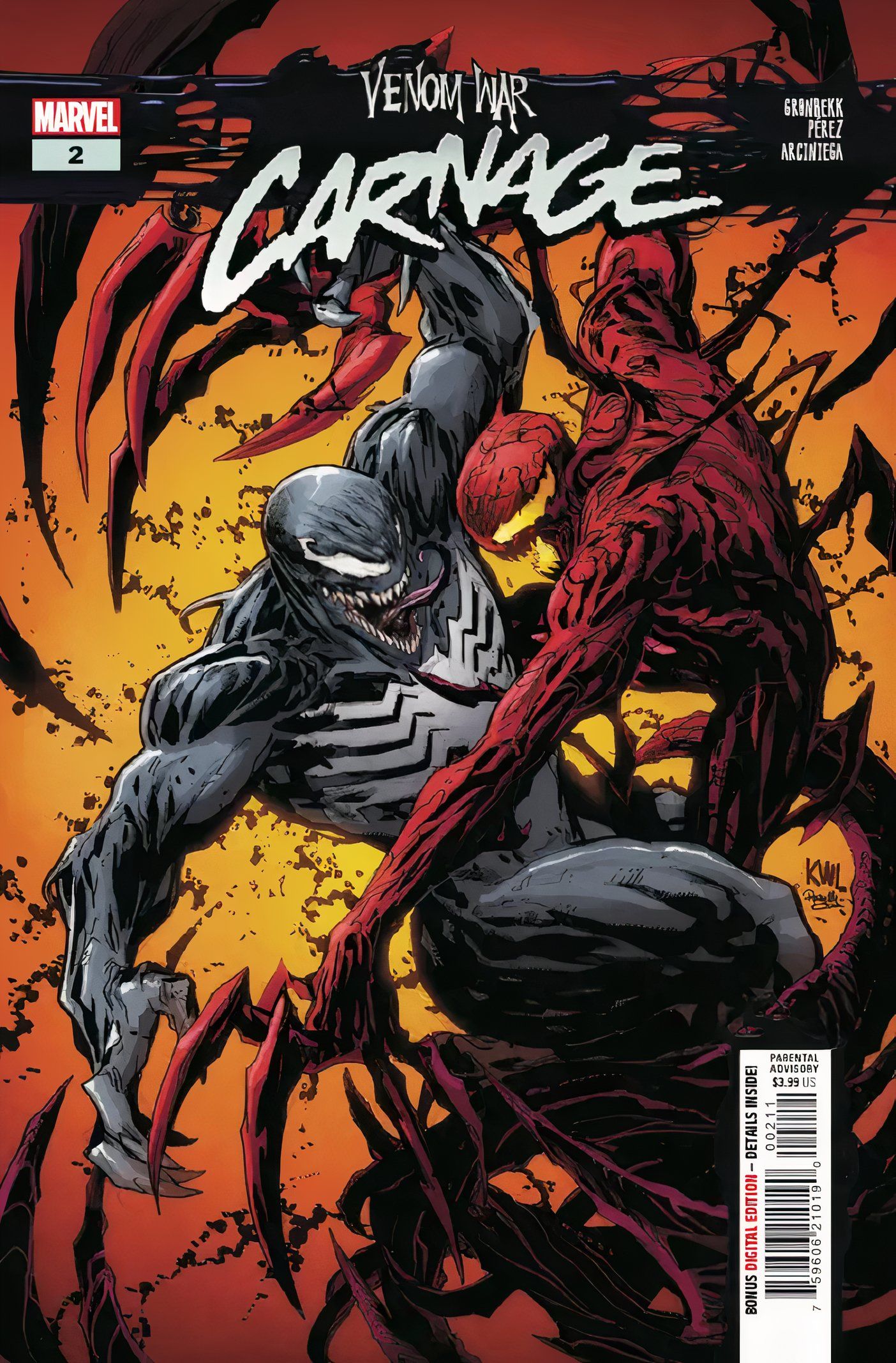 Capa de Venom War Carnage #2, Carnage lutando com uma versão de Venom.