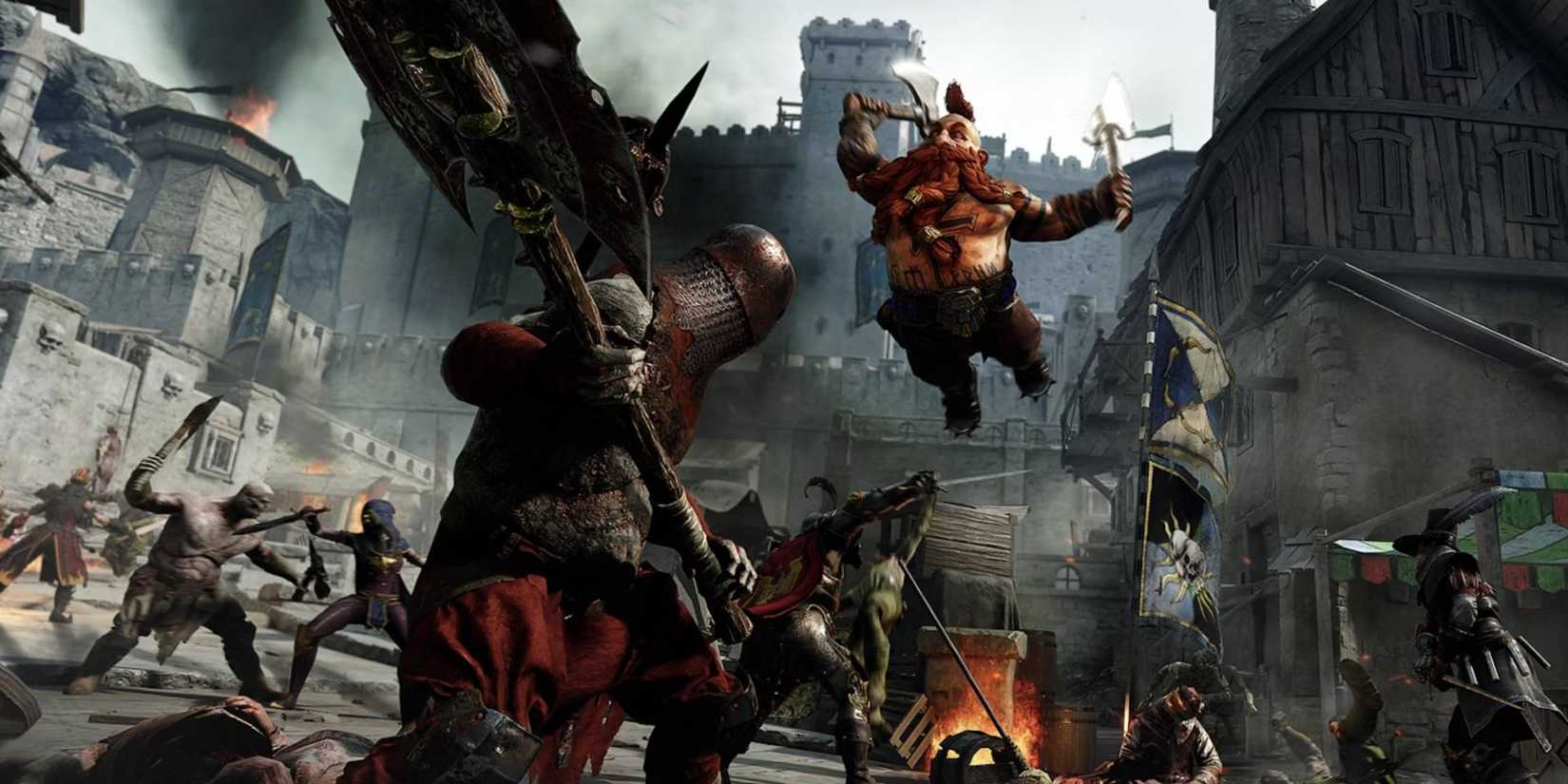 A dwarf leaping at an enemy holding an axe in Vermintide 2.