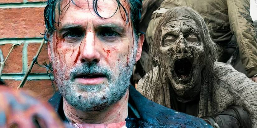 Rick Grimes leaning against a wall in The Walking Dead The Ones Who Live next to a zombie with its mouth open in The Walking Dead