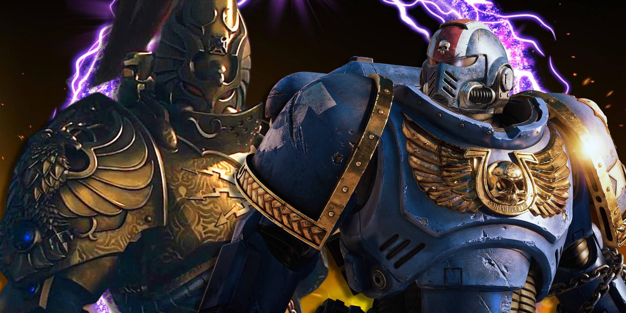 A Custodian standing next to a Space Marine in Warhammer 40,000: Space Marine 2.