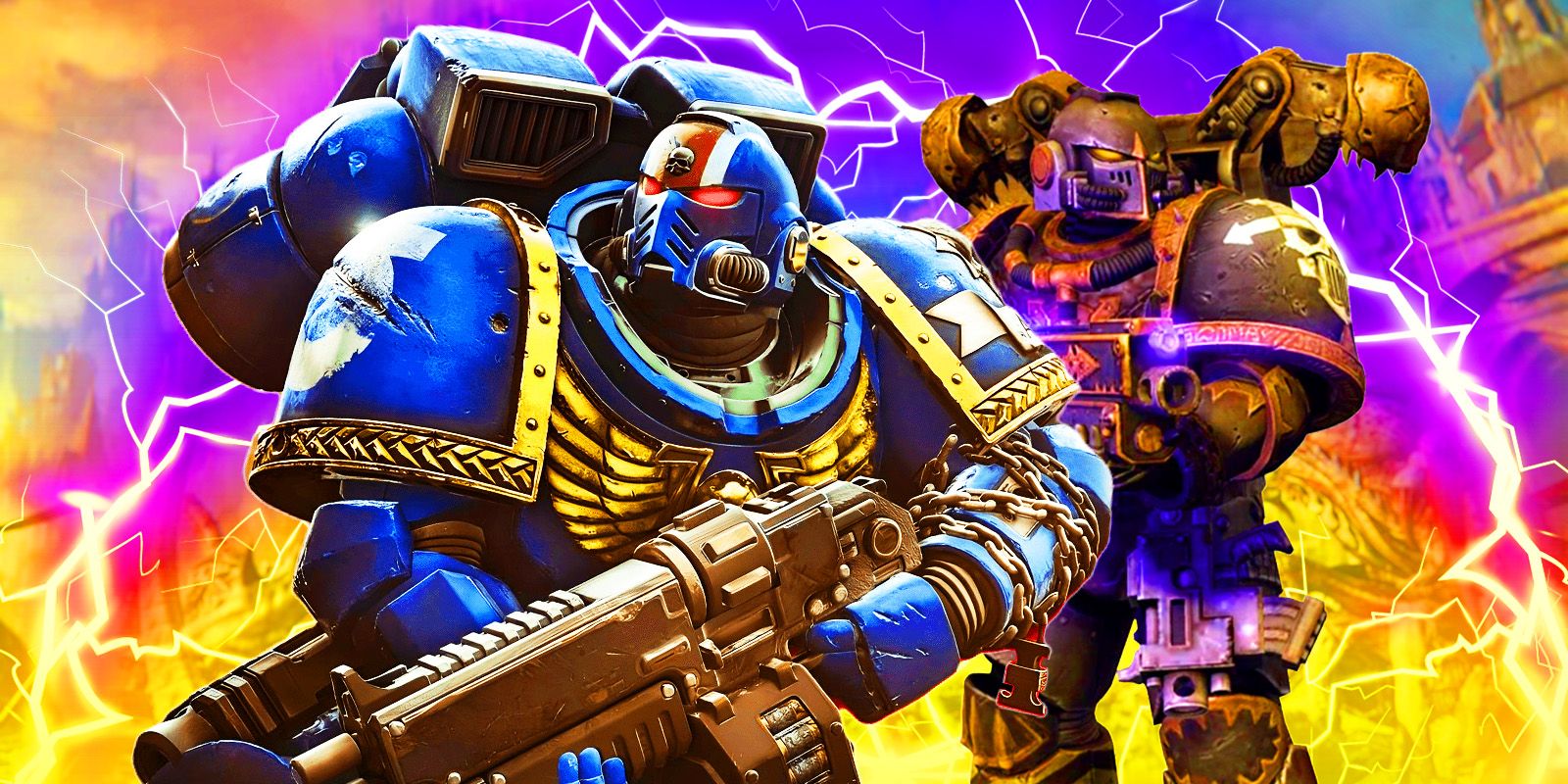 An Ultramarine with a jump pack in Warhammer 40,000: Space Marine 2 next to a Chaos Marine.