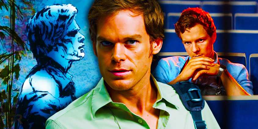 Michael C. Hall as Dexter Morgan with a drawing from Dexter: Early Cuts on the left and Patrick Gibson as Dexter in Dexter: Original Sin on the right