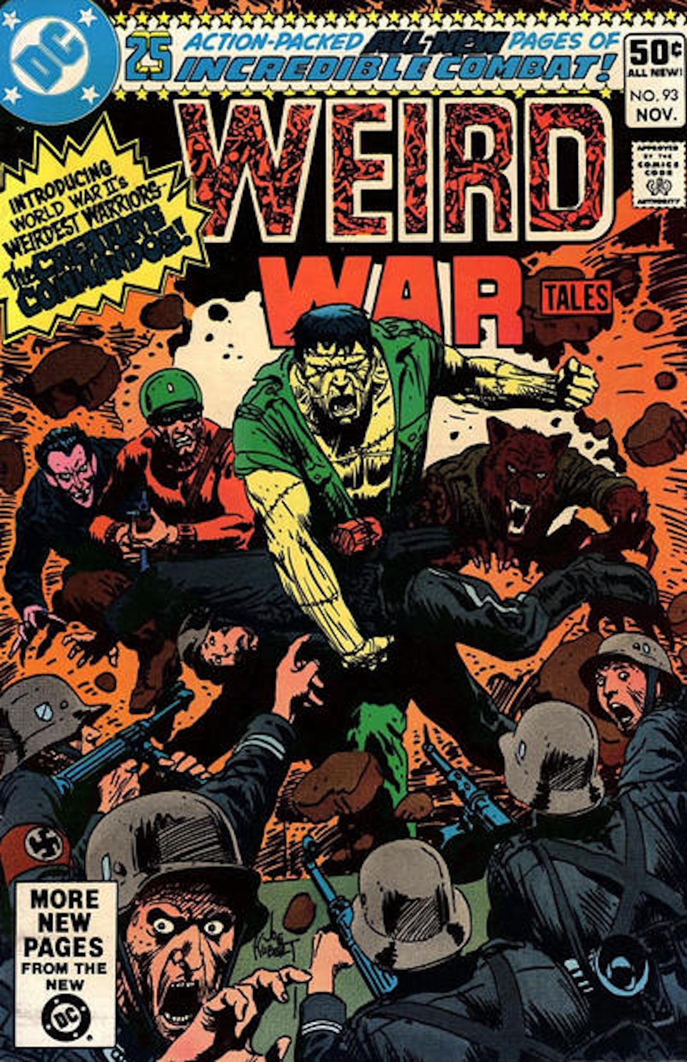 Capa principal de Weird War Tales 93: Lucky Taylor saltando para frente com os outros Creature Commandos.