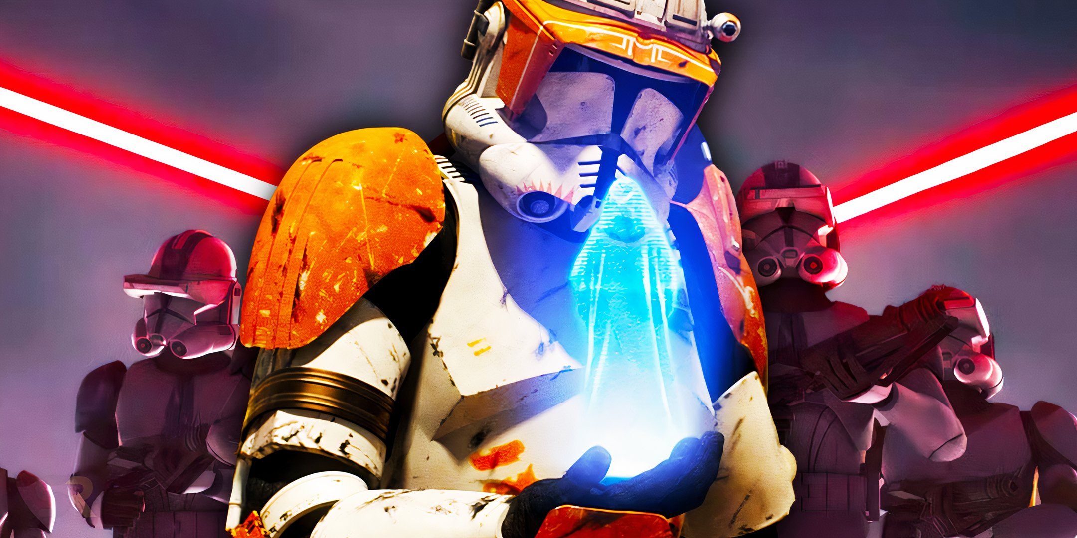 Commander Cody holds a hologram of Emperor Palpatine, edited over other clones marching into battle