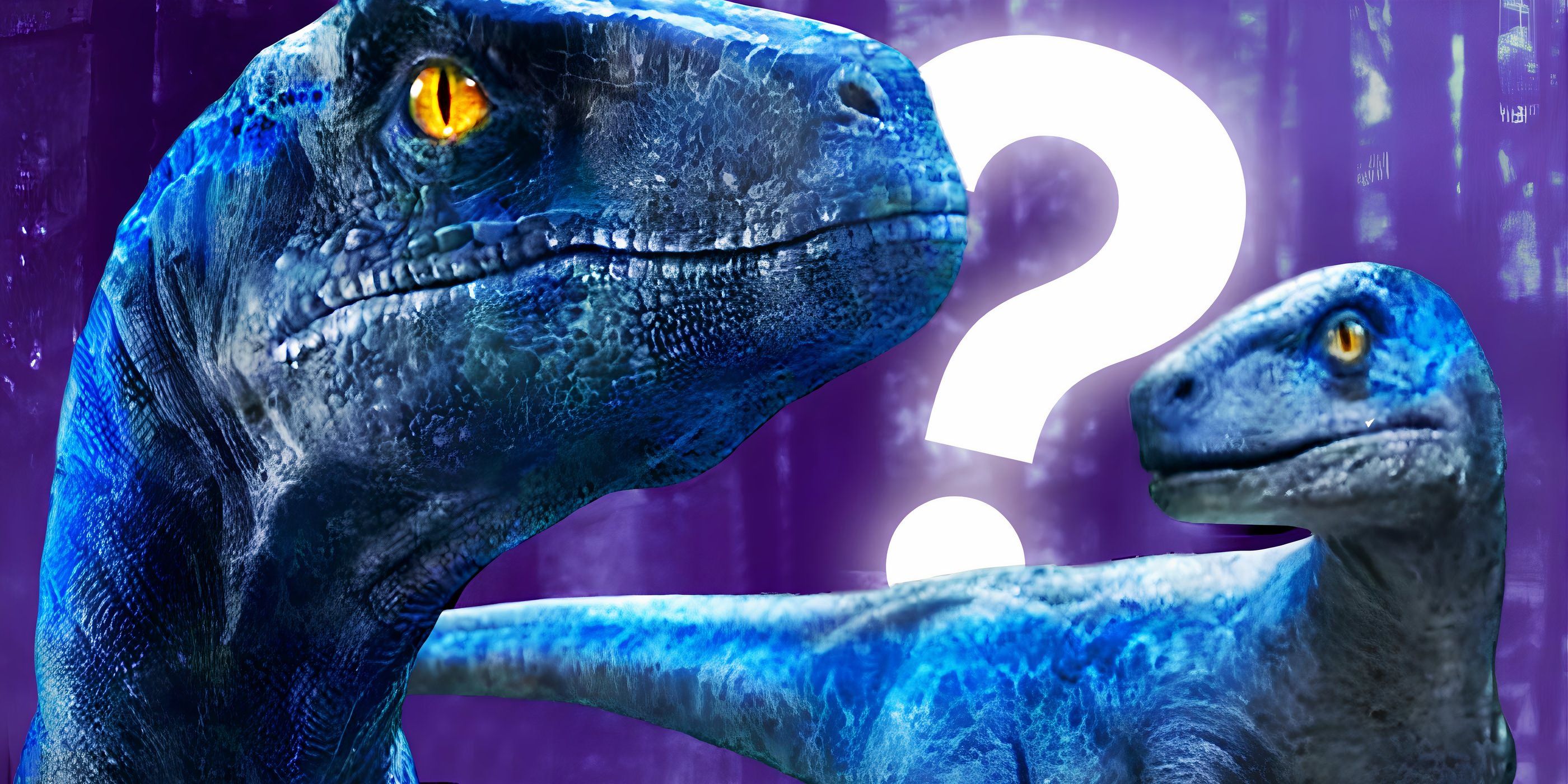 Velociraptors in front of a purple background with a white question mark