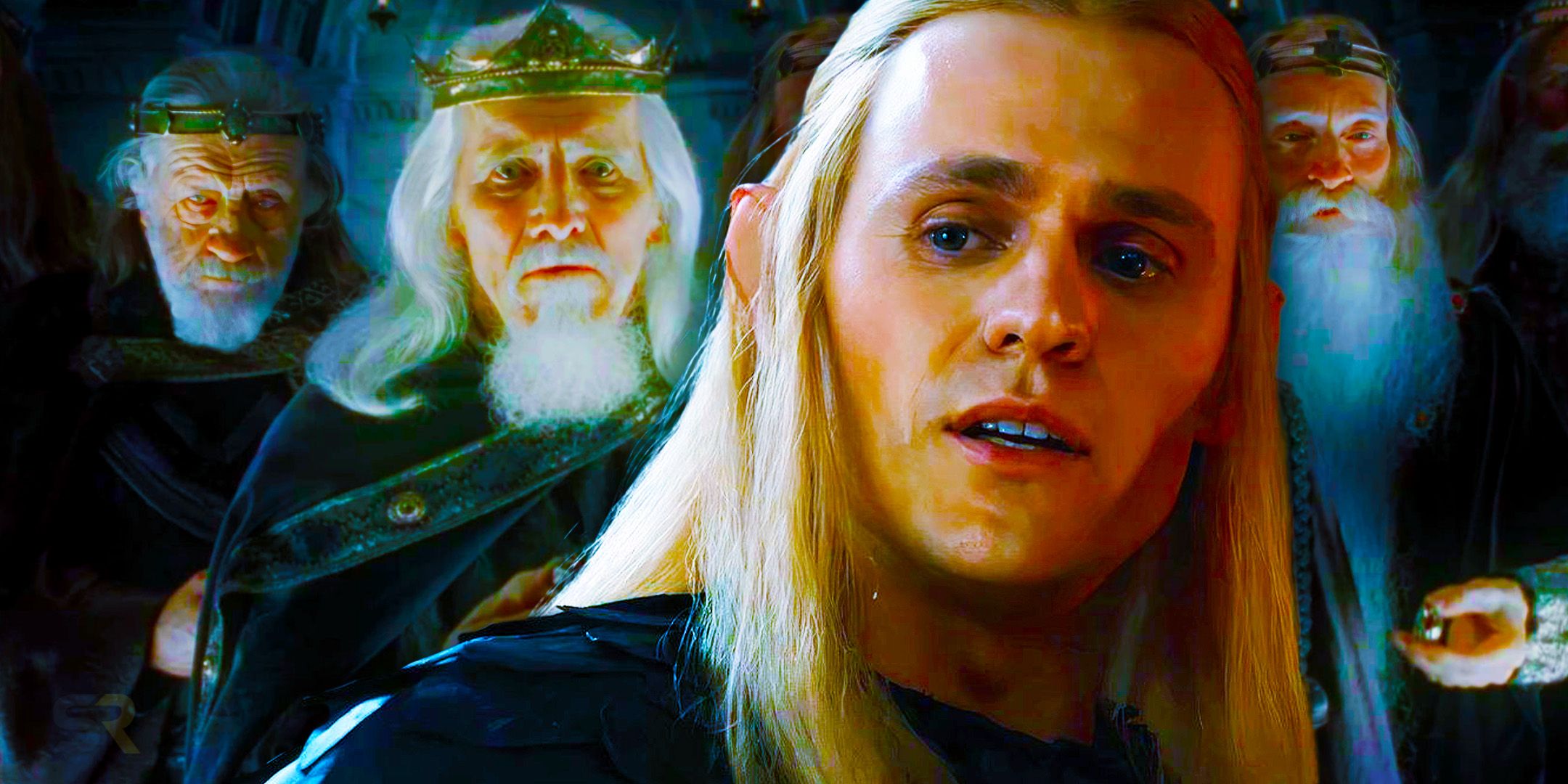 Charlie Vickers as Annatar/Sauron in The Rings of Power and the nine Men with Rings of Power in Lord of the Rings