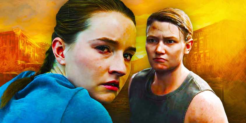 Abby Anderson (Kaitlyn Dever) looks teary eyed over her shoulder. She's edited with the video game version of Abby with a similar expression. They're both edited over a city visual from The Last of Us video game.
