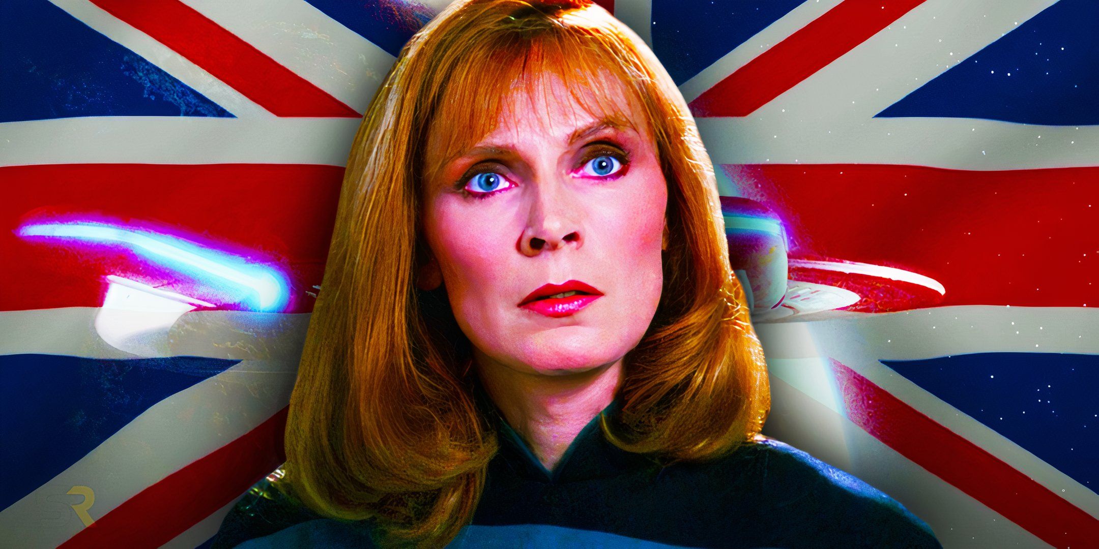 Star Trek's Doctor Crusher in front of the USS Enterprise-D and British flag