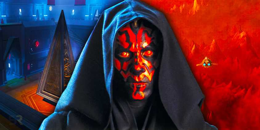 live-action Darth Maul from The Phantom Menace in the center with Moraband and Korriban on either side of him