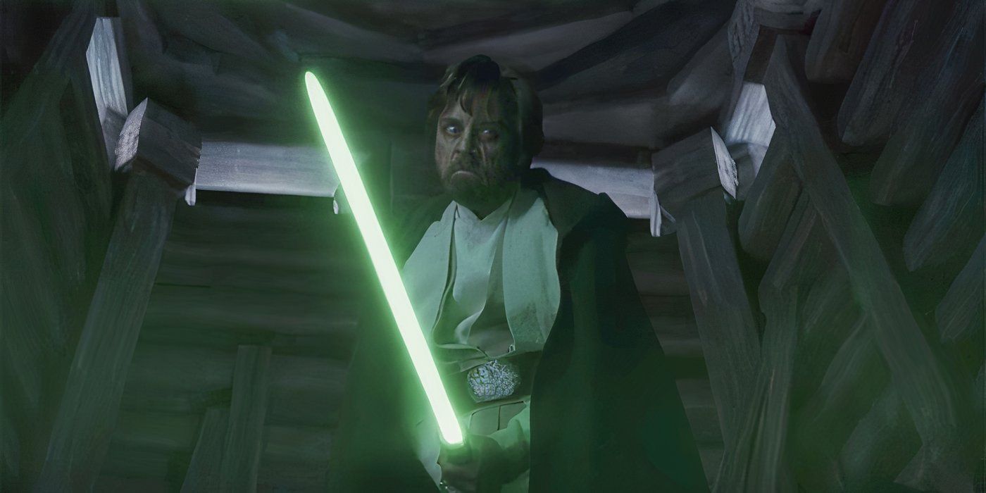 Luke Skywalker como un anciano sosteniendo su espada verde.