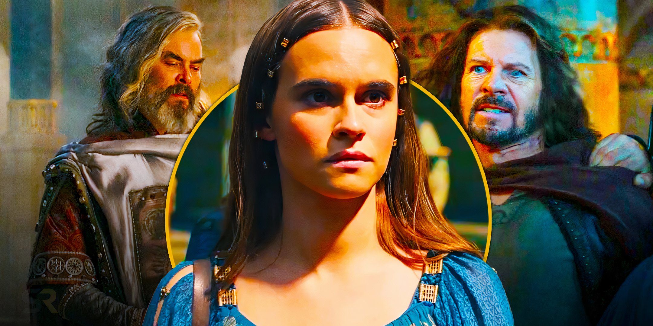 Ema Horvath as Earien juxtaposed with Pharazon and Elendil in The Lord of the Rings The Rings of Power season 2