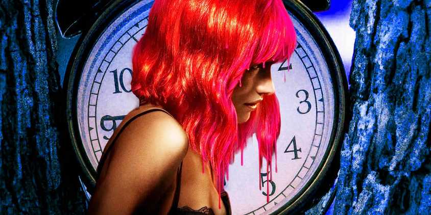 Willa Fitzgerald as The Lady from Strange Darling in Front of a Clock in Between Two Trees