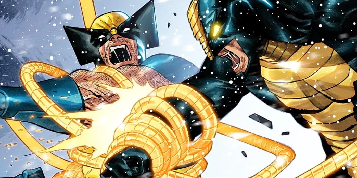 Wolverine lutando contra um constritor dourado movido a adamantium