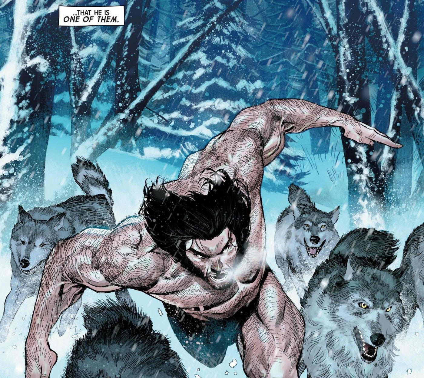 Wolverine #1, Logan correndo na neve com sua matilha de lobos.