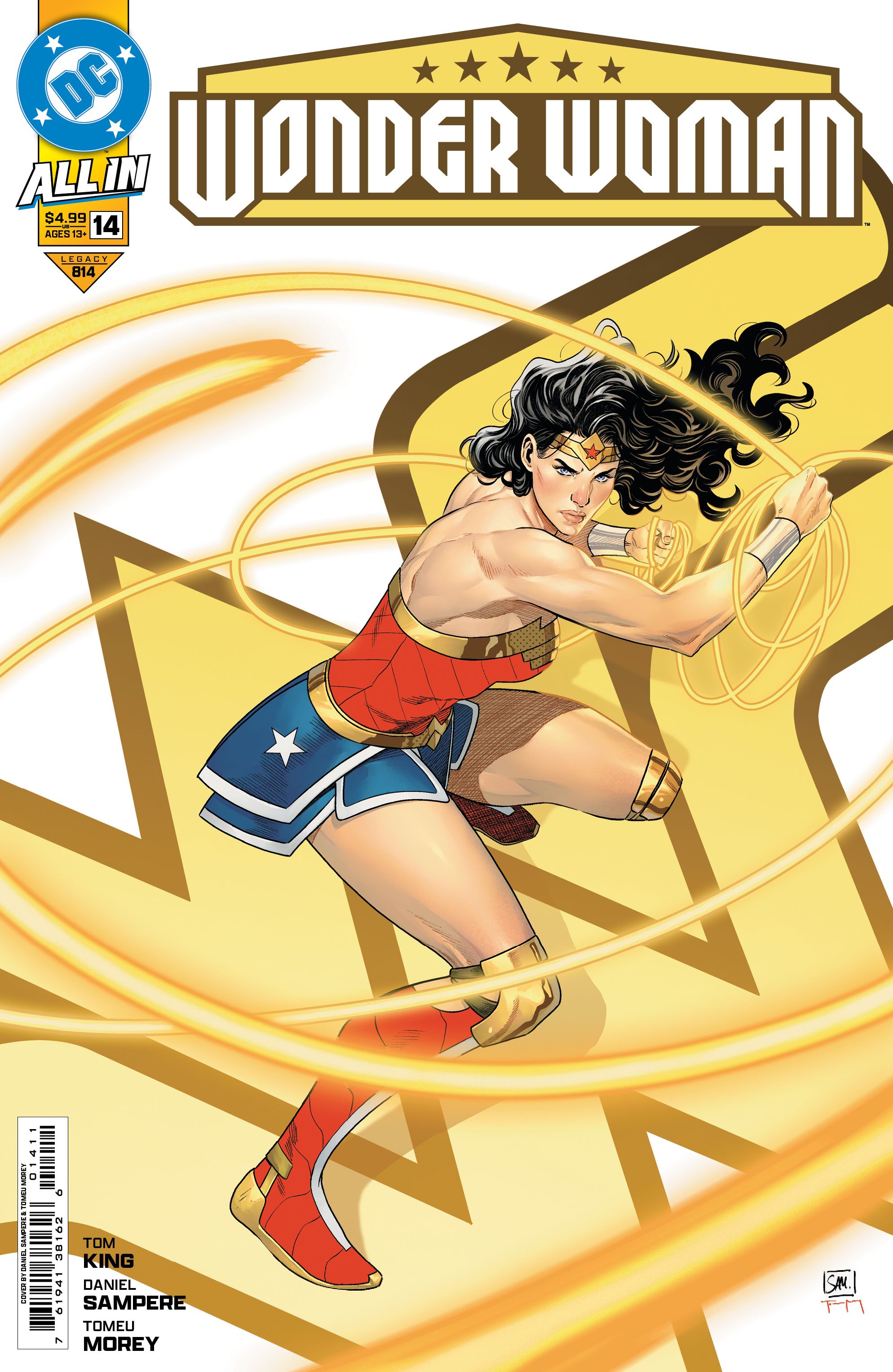 Portada del cómic: Wonder Woman se prepara para lanzar su lazo delante de su logo dorado.