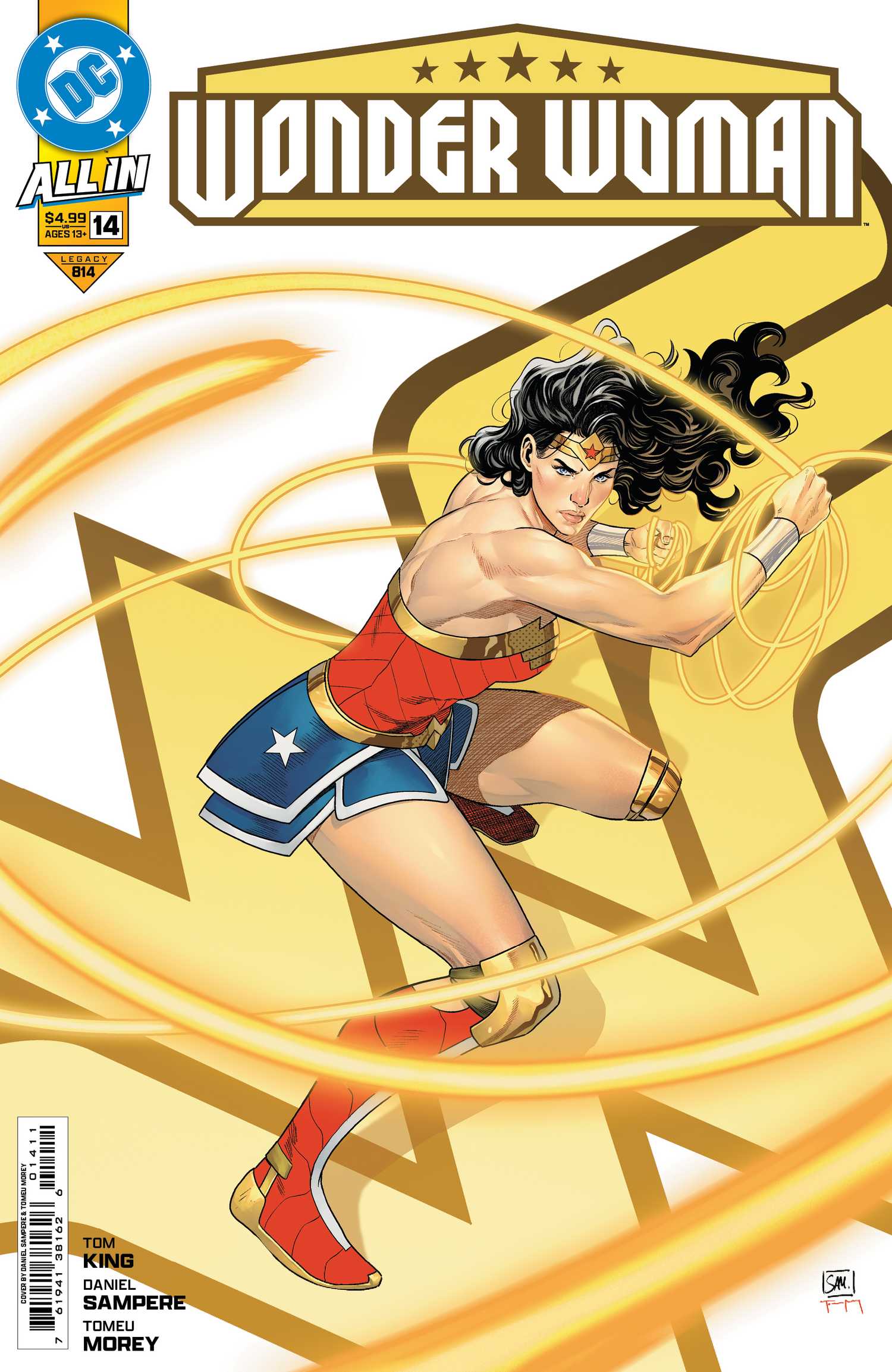Comic book cover: Wonder Woman prepares to throw her lasso in front of her gold logo.