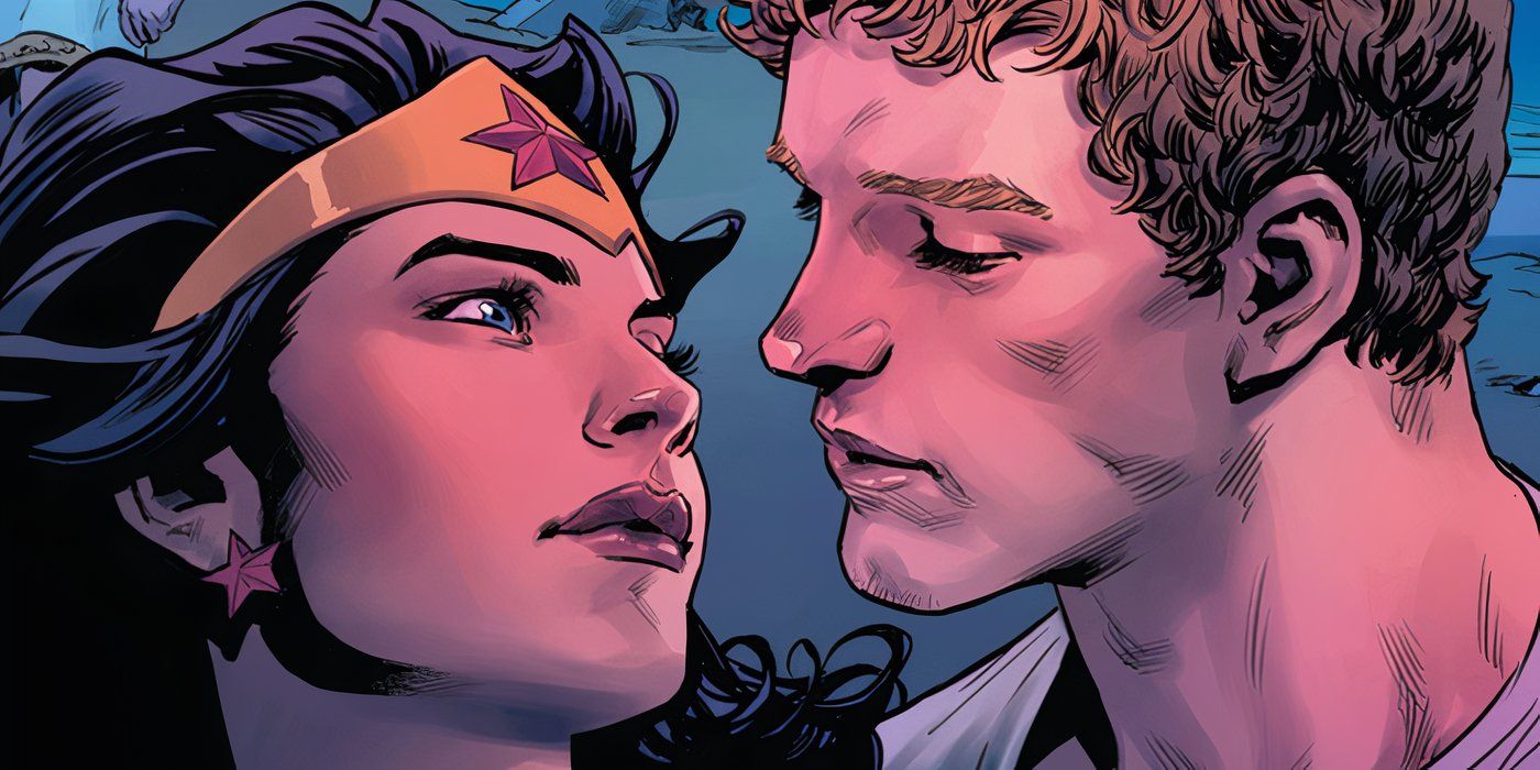 Wonder Woman y Steve Trevor se miran fijamente a los ojos.