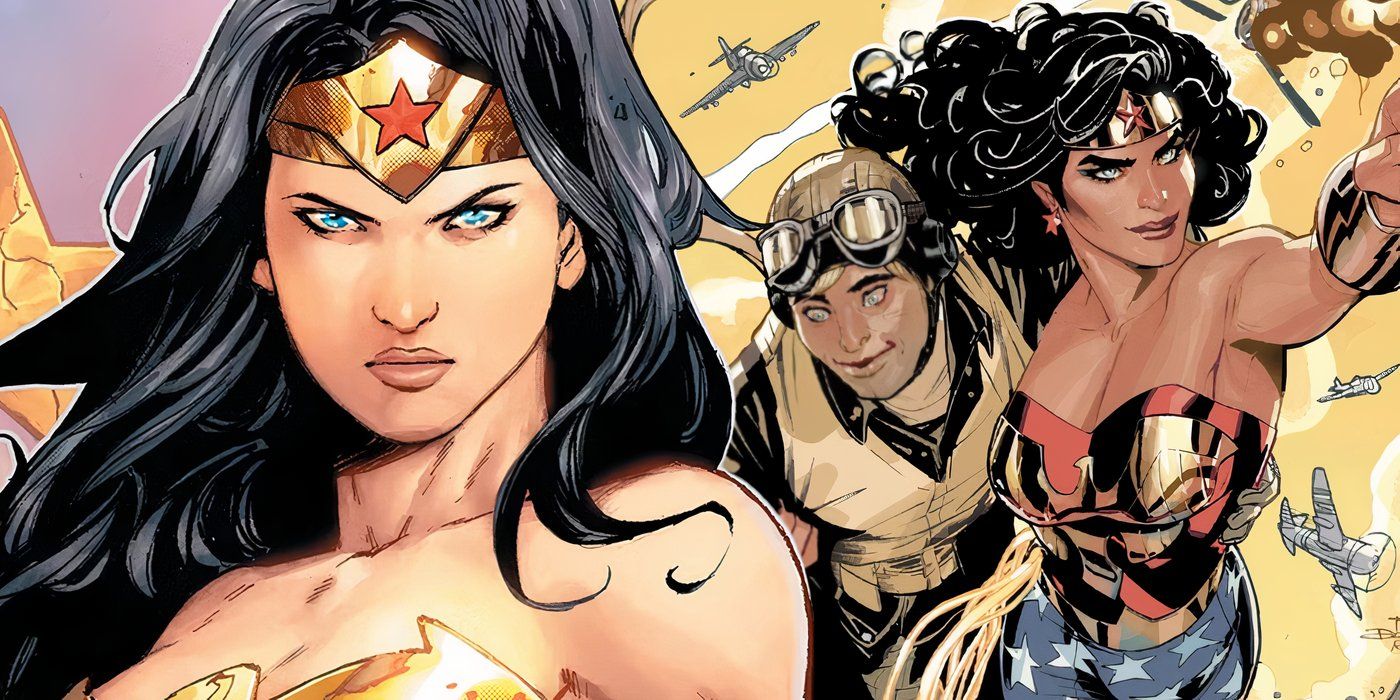 Arte del cómic: Wonder Woman está en primer plano y, al fondo, Wonder Woman sostiene a Steve Trevor mientras vuela por el cielo.