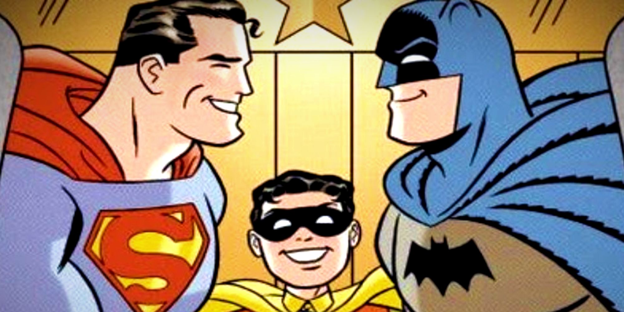 World's Finest Heroes Superman and Batman shake hands next to Robin in DC Comics' Silver Age