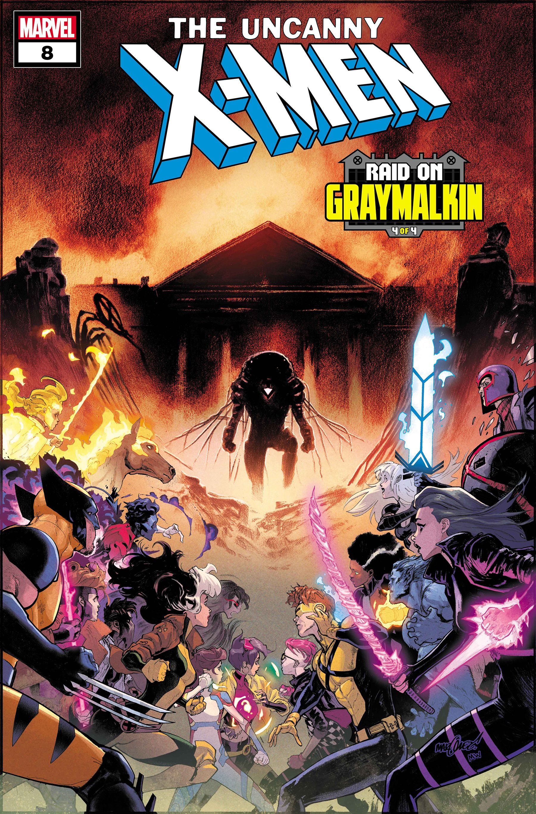 Uncanny X-Men (2024) #8, The two teams of X-Men, ready to fight, look at a mysterious figure in the background.