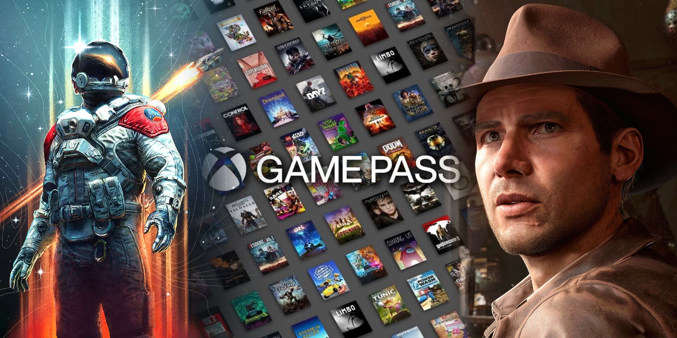 Un astronauta de Star Wars e Indiana Jones del próximo videojuego junto a una imagen de los juegos disponibles en Xbox Game Pass Standard.