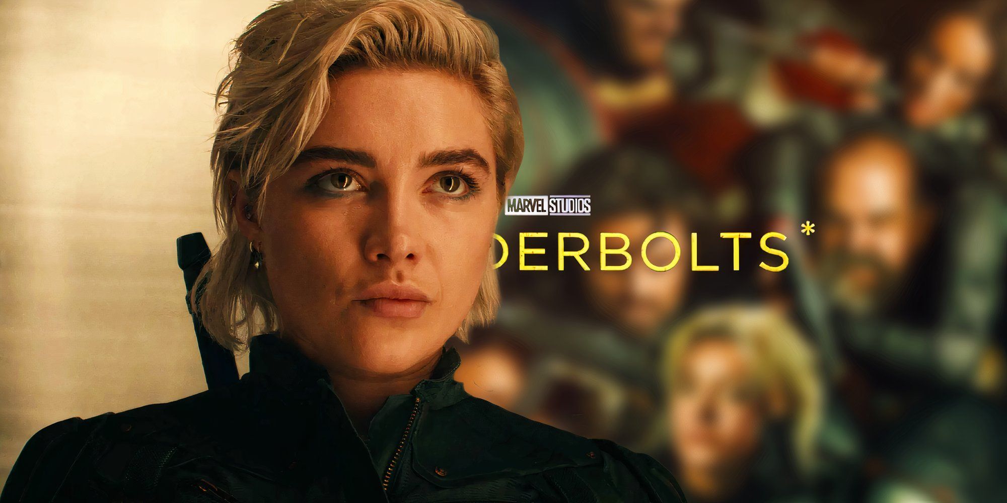 Florence Pugh as Yelena in Thunderbolts* (2025) next to the film's poster and logo highlighting the asterisk