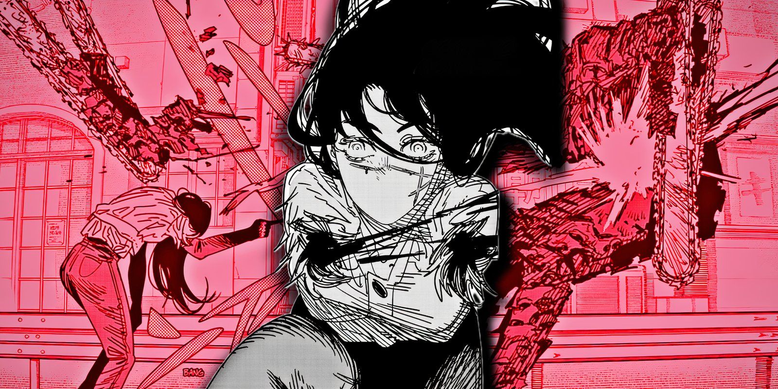 Chainsaw Man&rsquo;s Yoru kneeling in front of a scene from her battle with Chainsaw Man.