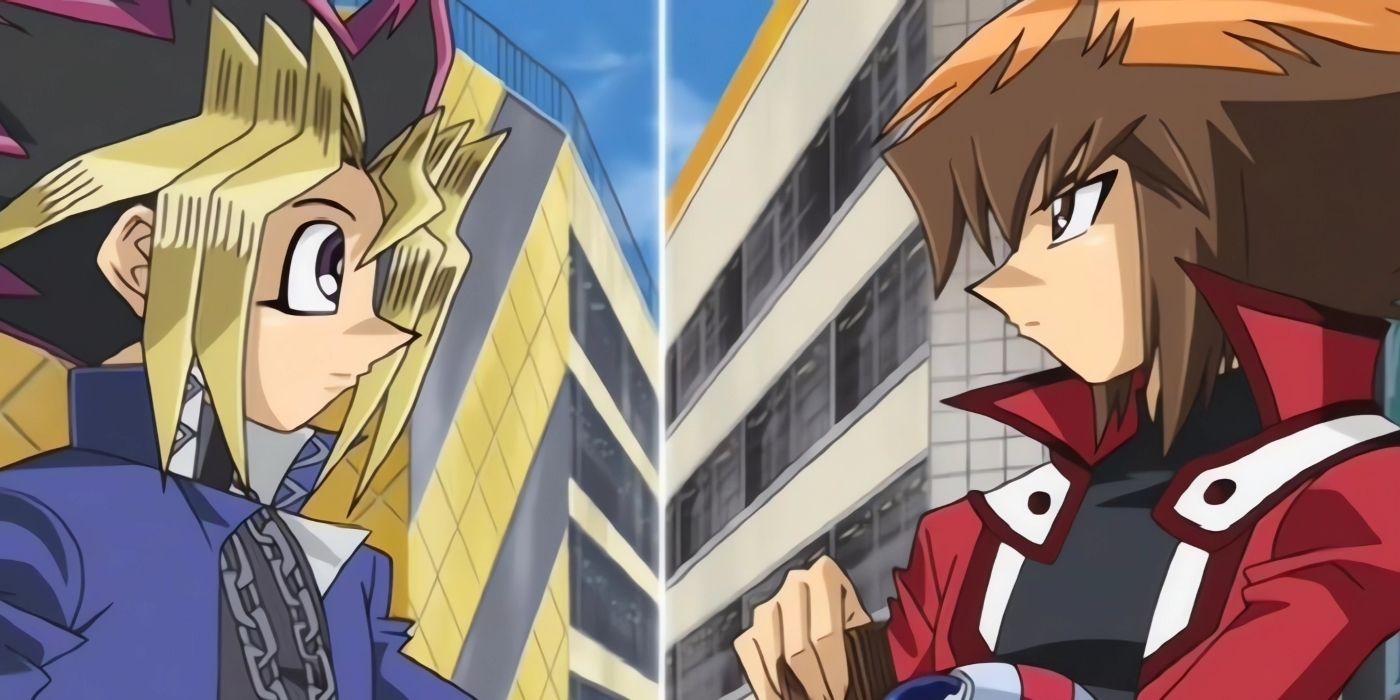 Yugi and Jaden prepare to duel by shuffling their decks while looking at each other.