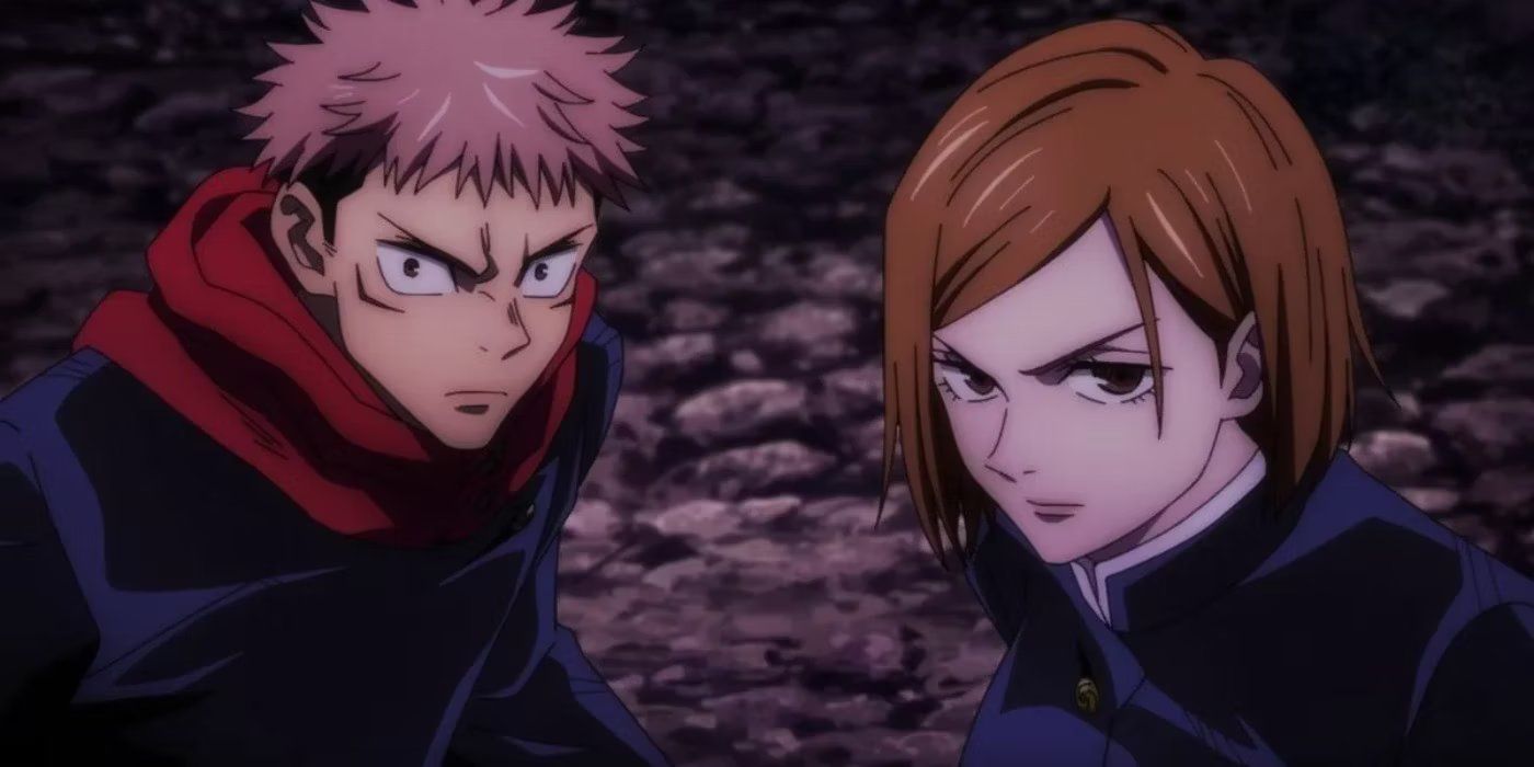 Jujutsu Kaisen's Yuji and Nobara standing together in a dark rocky terrain.