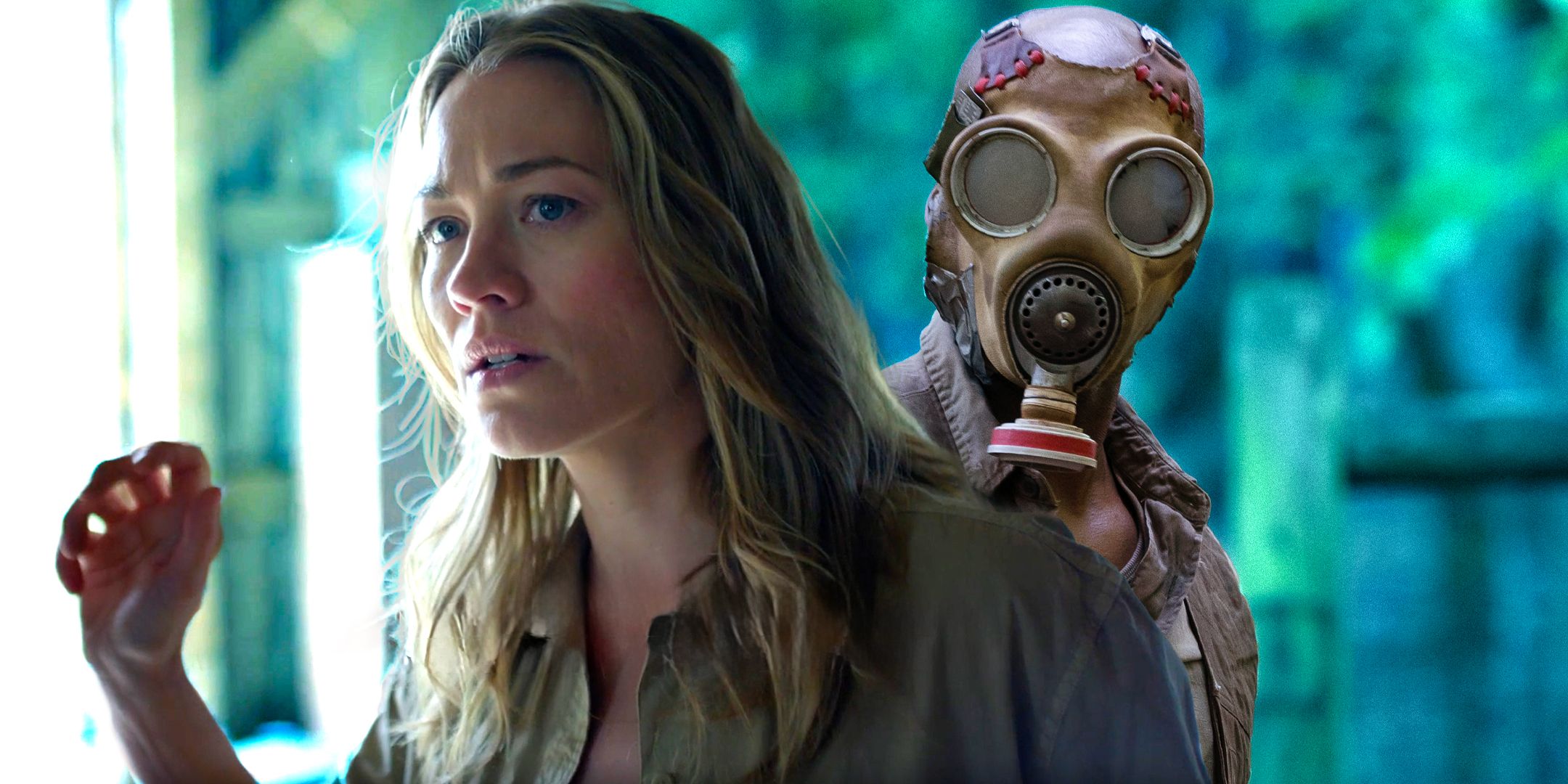 Yvonne Strahovski as a worried-looking Maggie and a mysterious figure in a gas mask in Teacup