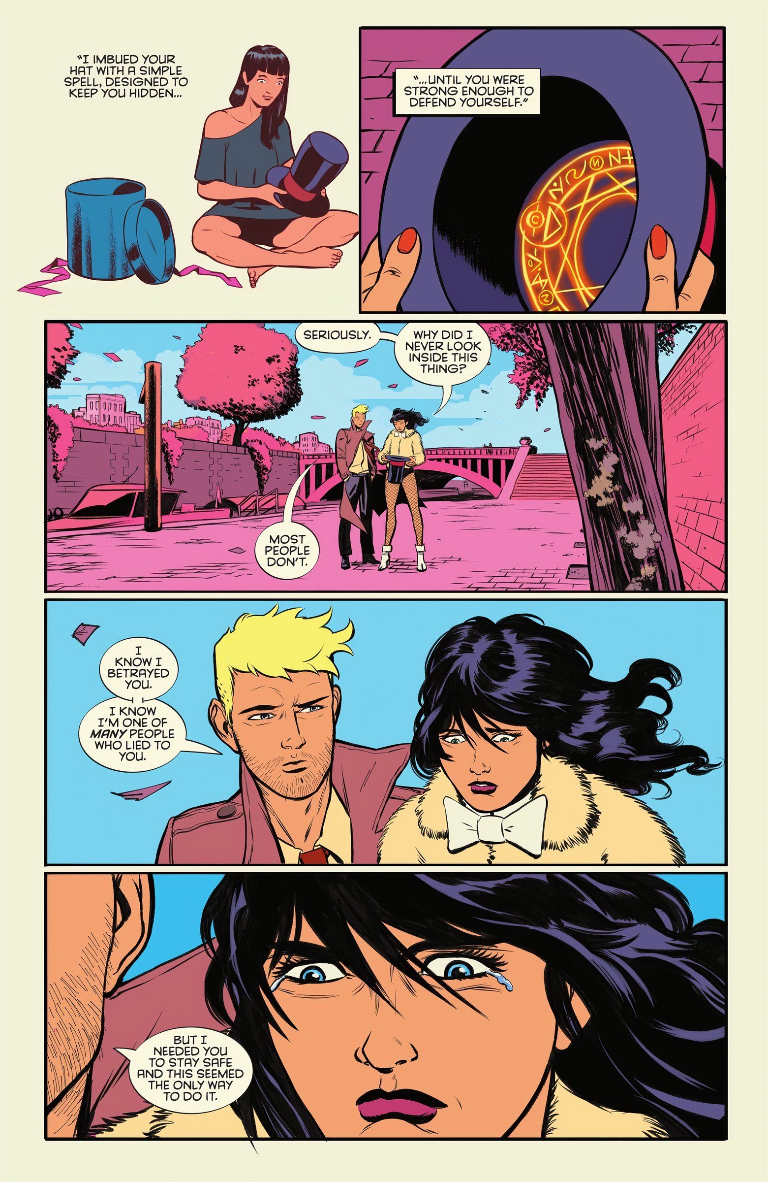 Cinco painéis de John Constantine explicando para Zatanna que seu chapéu é mágico