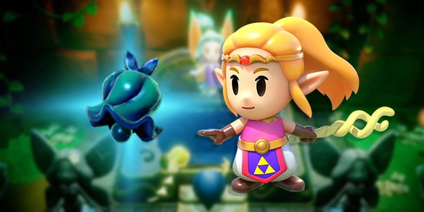 A render of Zelda reaches for a render of the Might Bell accessory against a bright blue glow. The background depicts the Great Fairy Fountain.