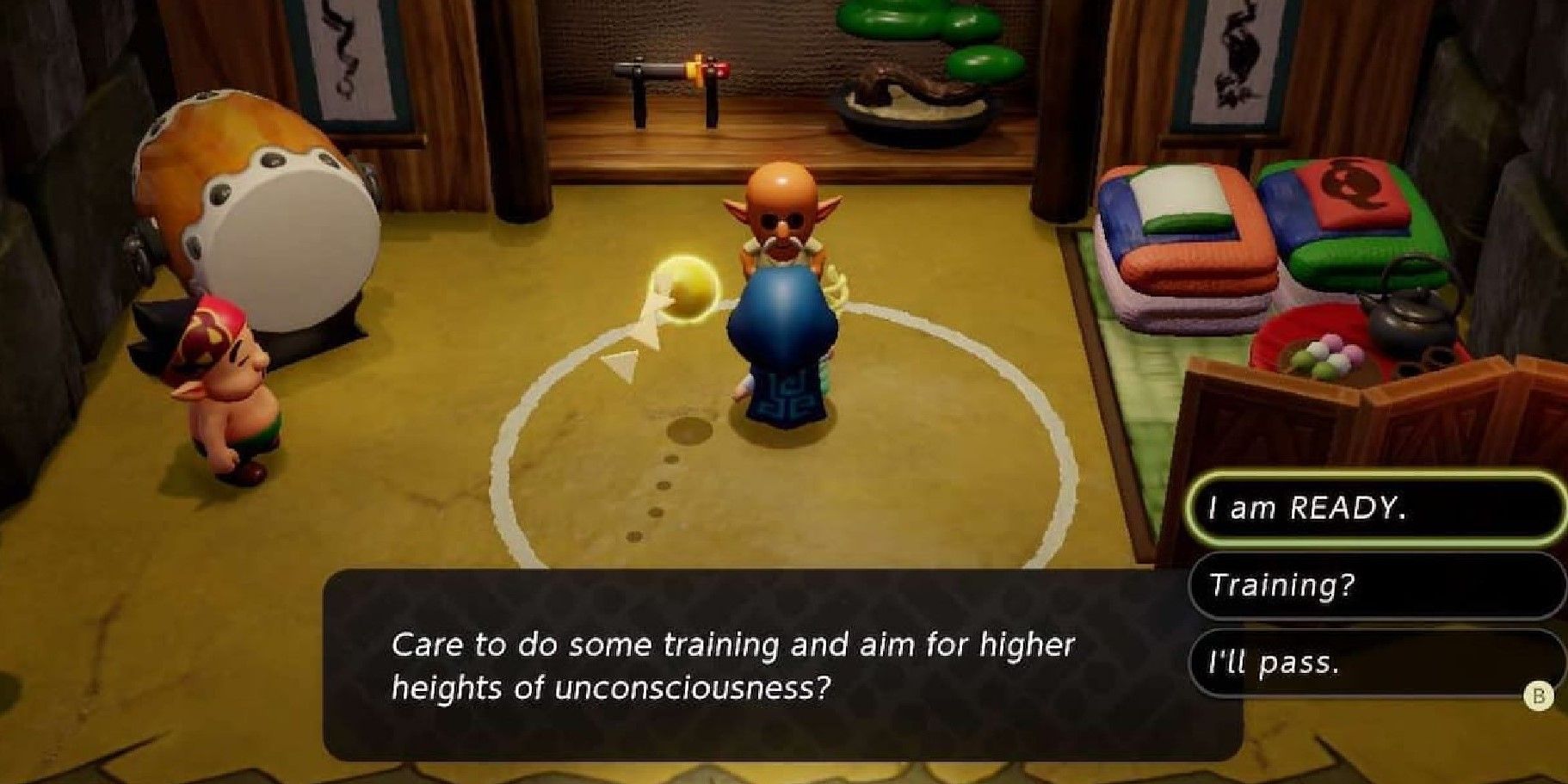 Zelda habla con el hombre del dojo dormido en The Legend of Zelda Mirror of Wisdom