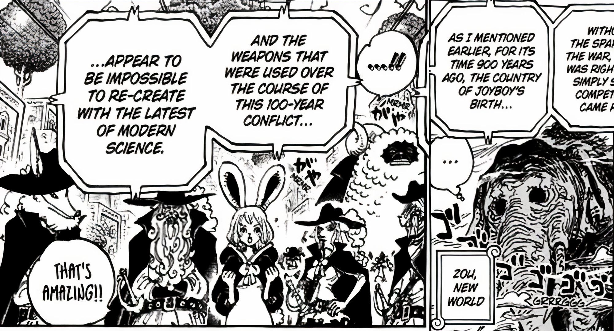 Zunesha Carrot, Wanda et Shishilian vus lors du message de vegapunk dans one piece