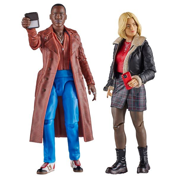 Fifteenth Doctor holds up his wallet and Ruby Sunday holding a phone as action figures standing side by side