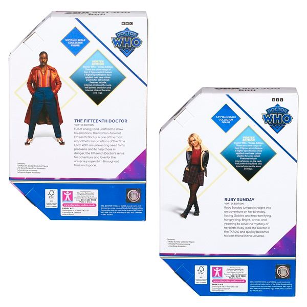 Fifteenth Doctor and Ruby Sunday inside toy packages in Doctor Who line