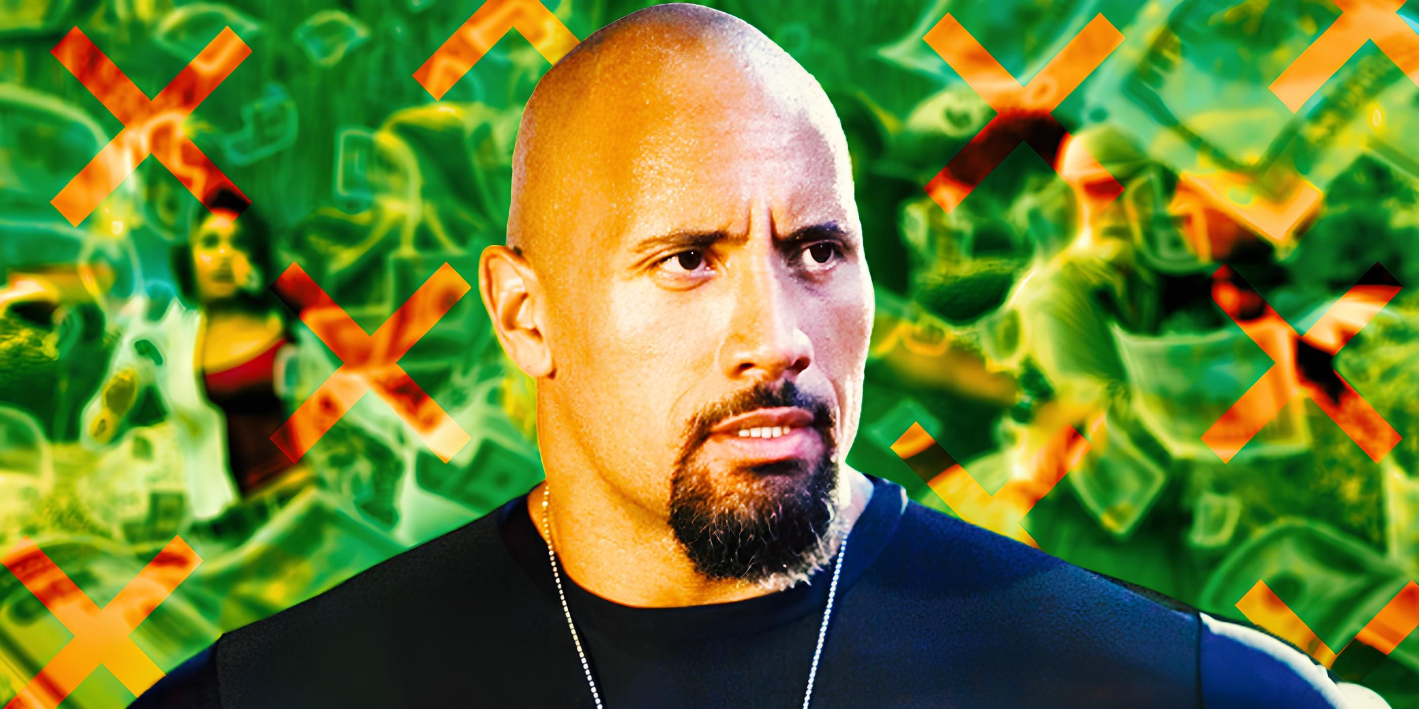 Dwayne Johnson against a background of money signs and X symbols