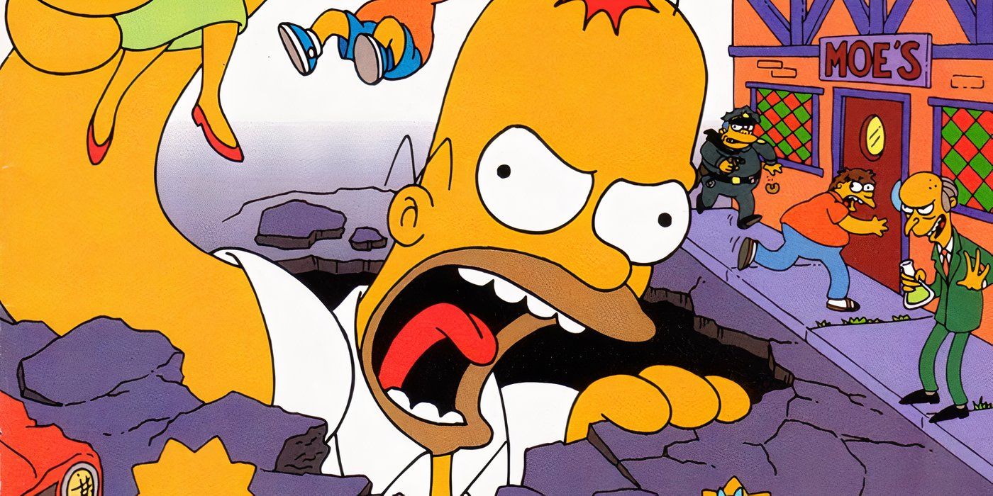 Home Simpson como um gigante emergindo do solo em Os Simpsons. 