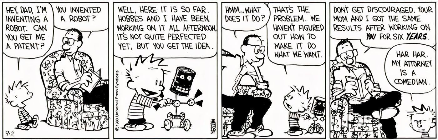 Calvin mostrando ao pai um robô que ele e Hobbes inventaram.