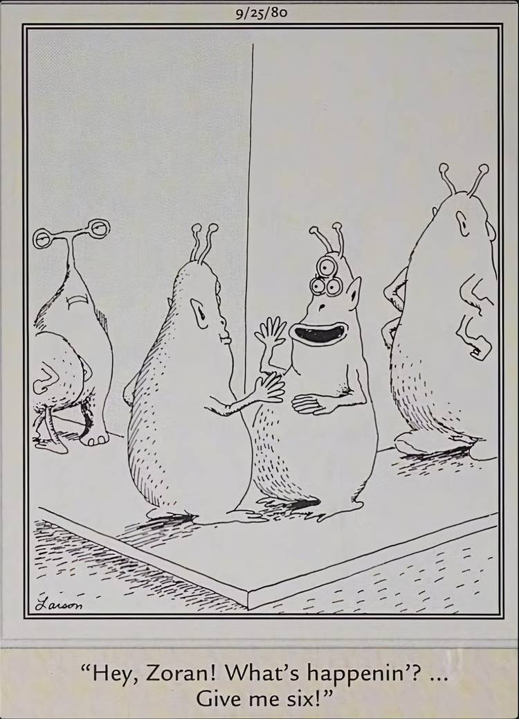 The Far Side aliens giving each other a high-five.