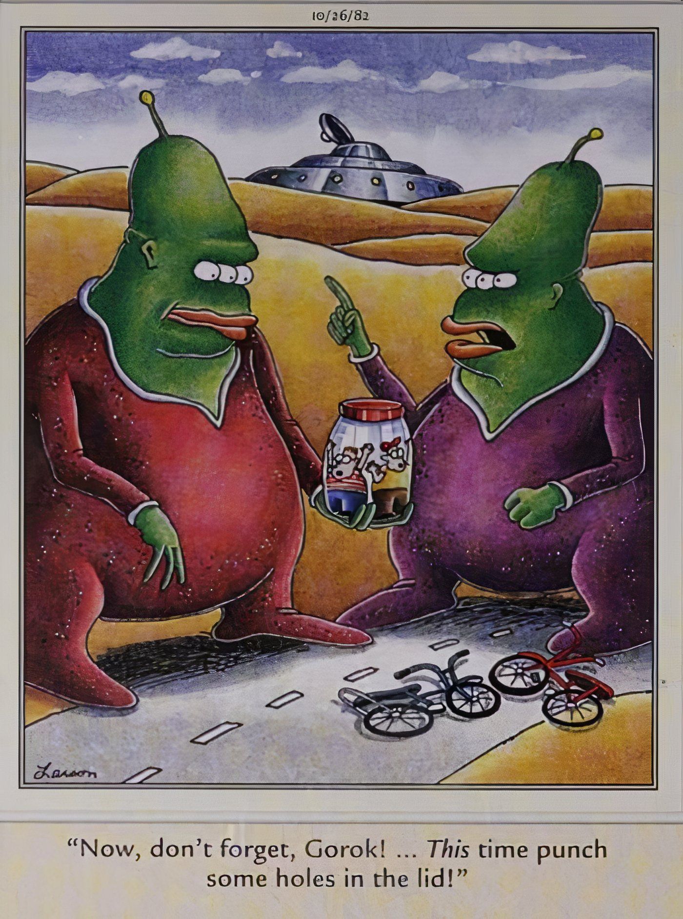 Alienígenas do Far Side mantendo humanos em uma jarra. 