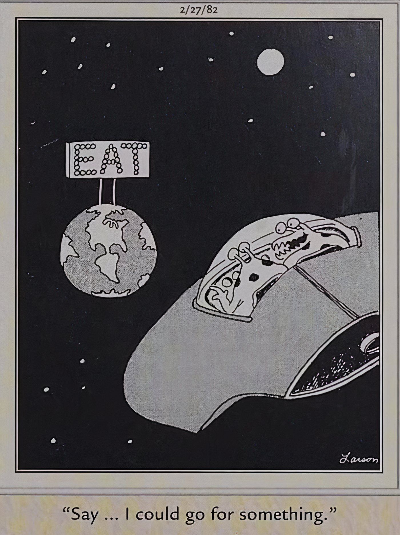 Dois alienígenas do Far Side voando em direção à Terra em busca de algo para comer.