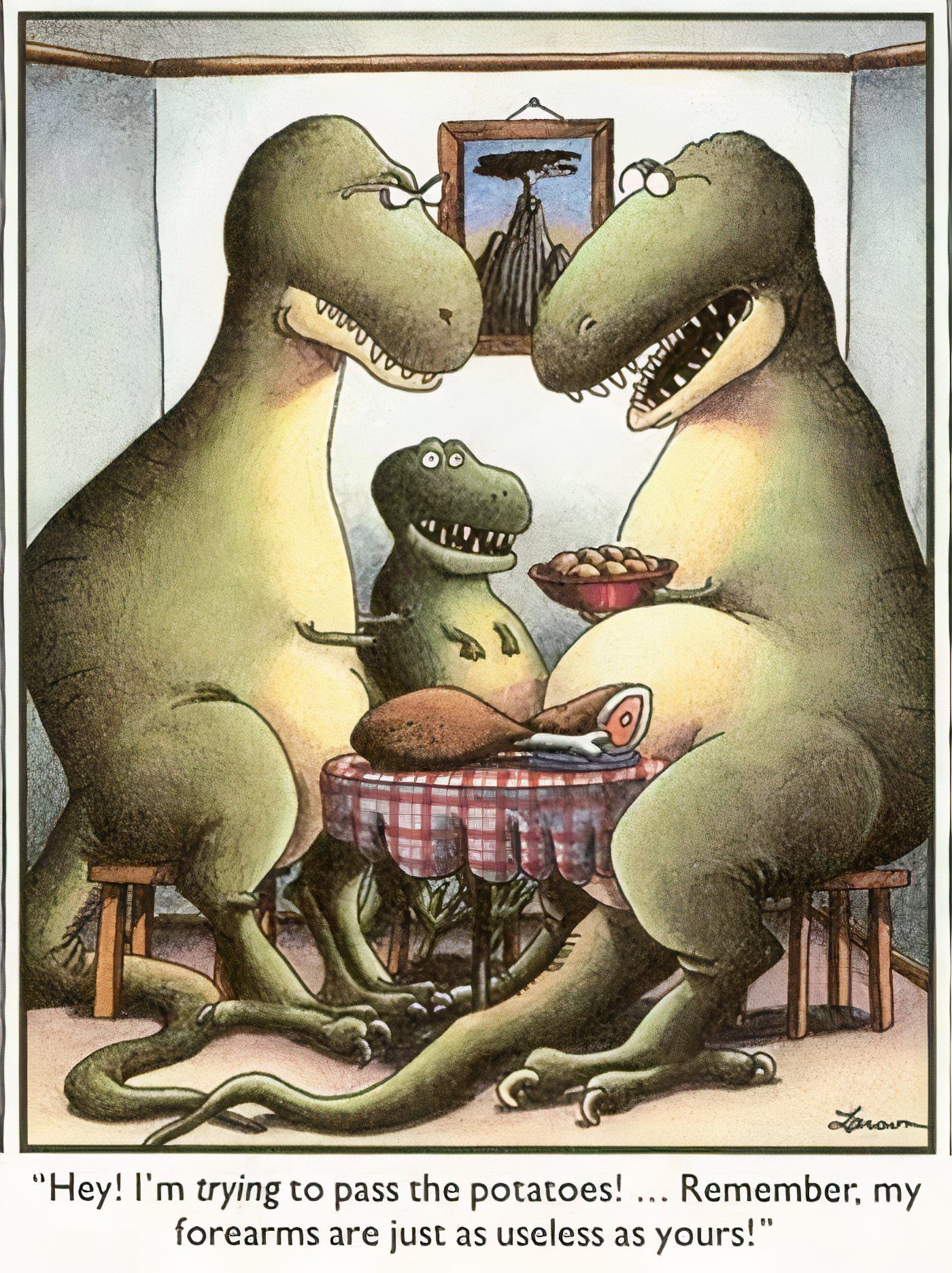 T-Rexes sentados para jantar em família no The Far Side.