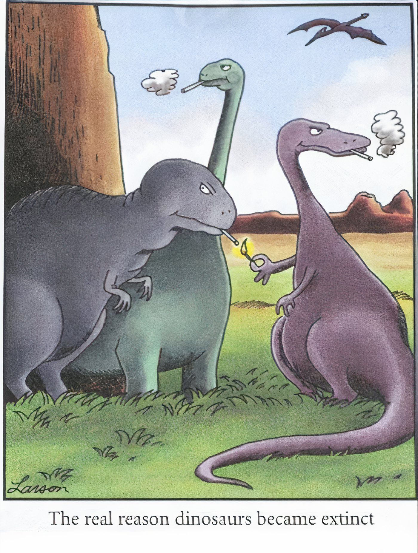 Dinossauros fumando cigarros em The Far Side.