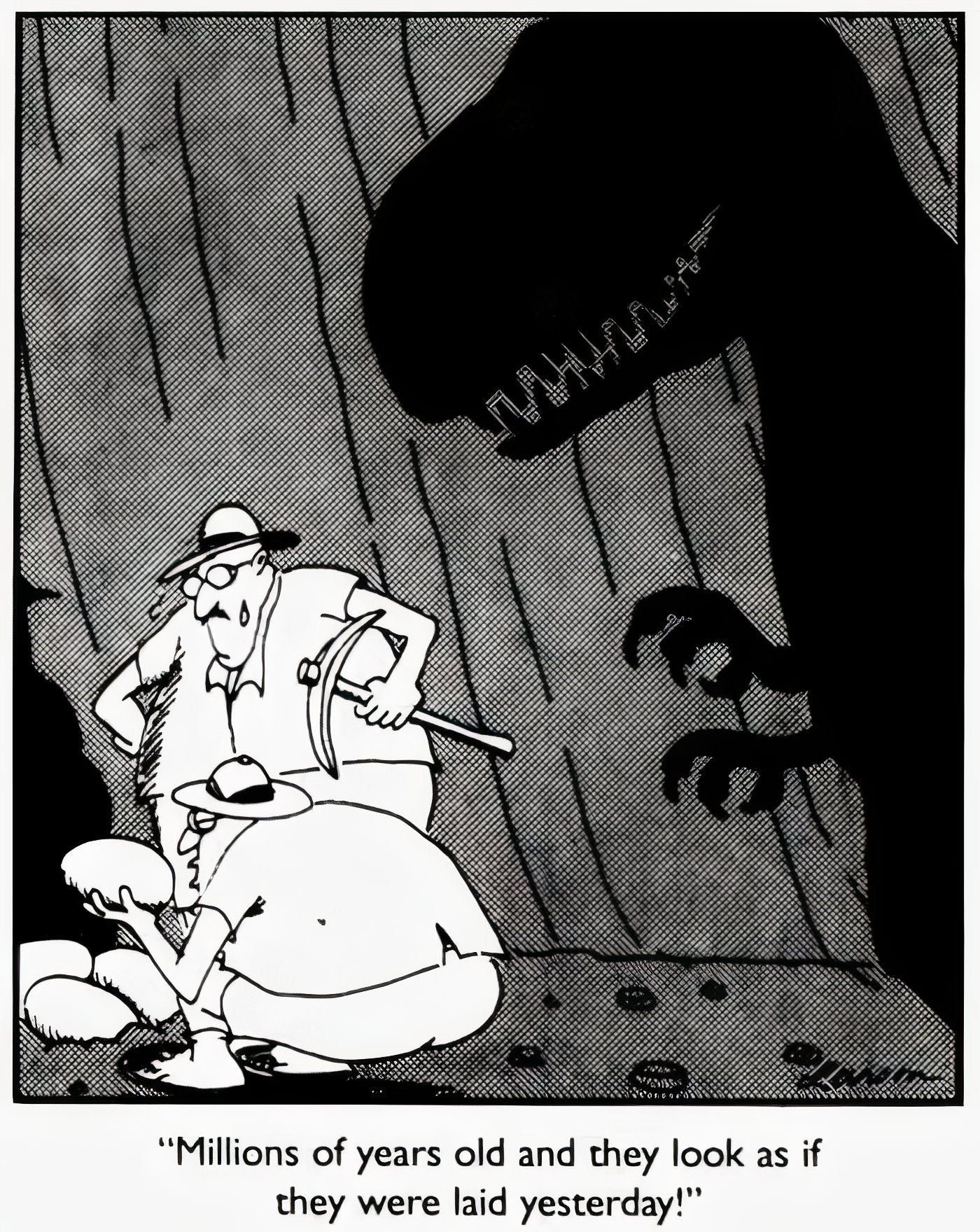 Um T-Rex prestes a comer dois humanos brincando com seus ovos em The Far Side.