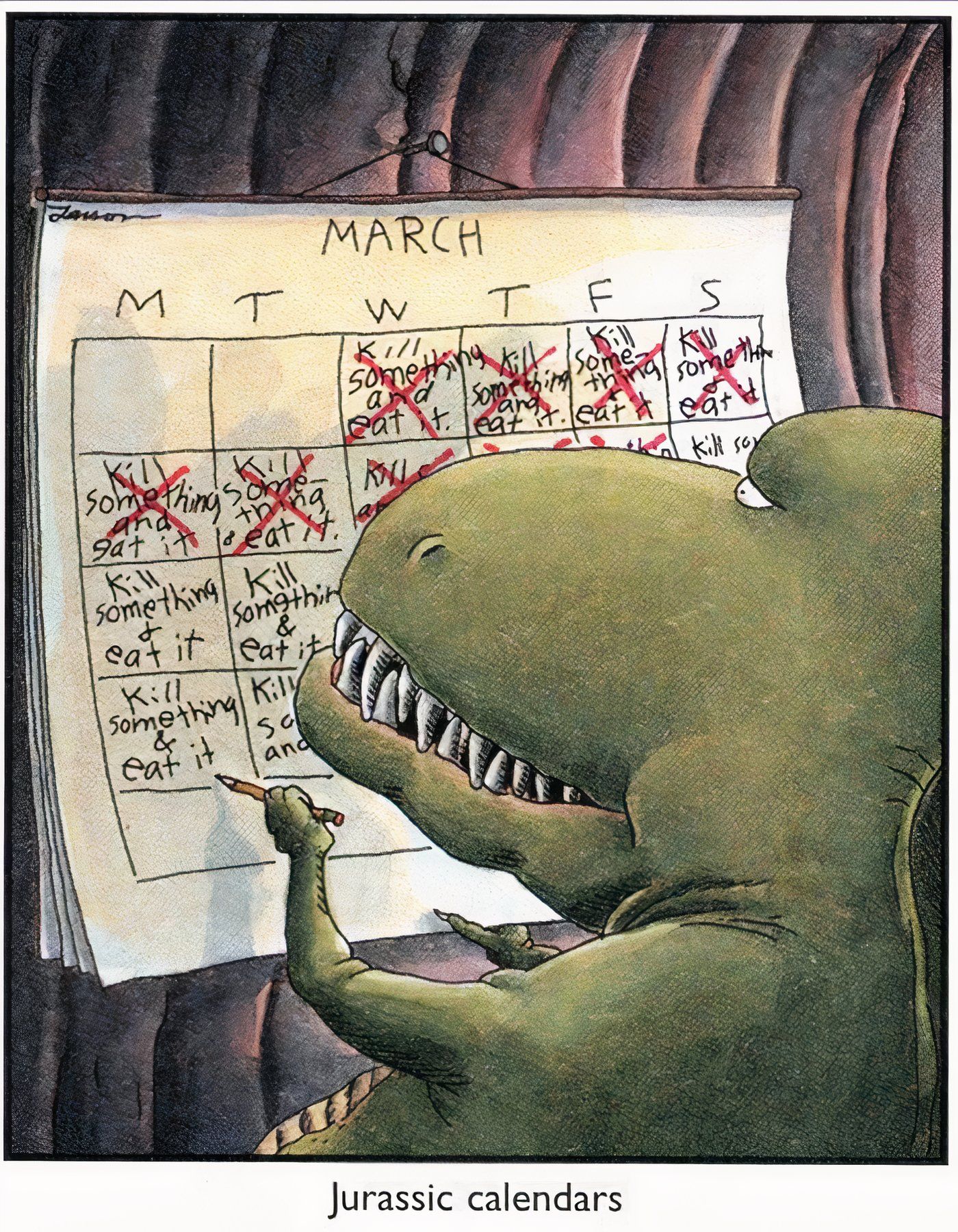 Um T-Rex usando um calendário em The Far Side.