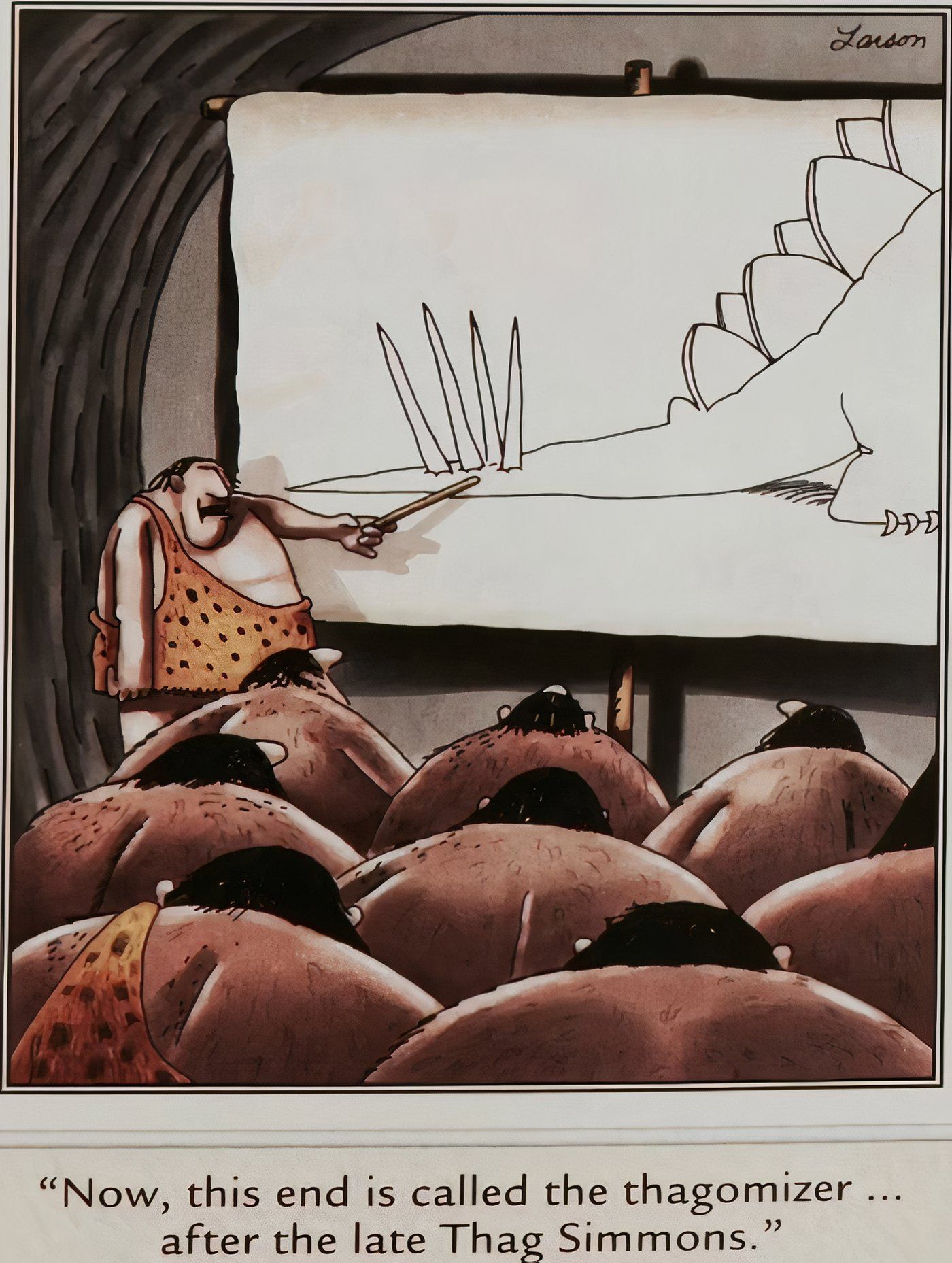 Homens das cavernas aprendendo sobre a anatomia dos dinossauros em The Far Side.