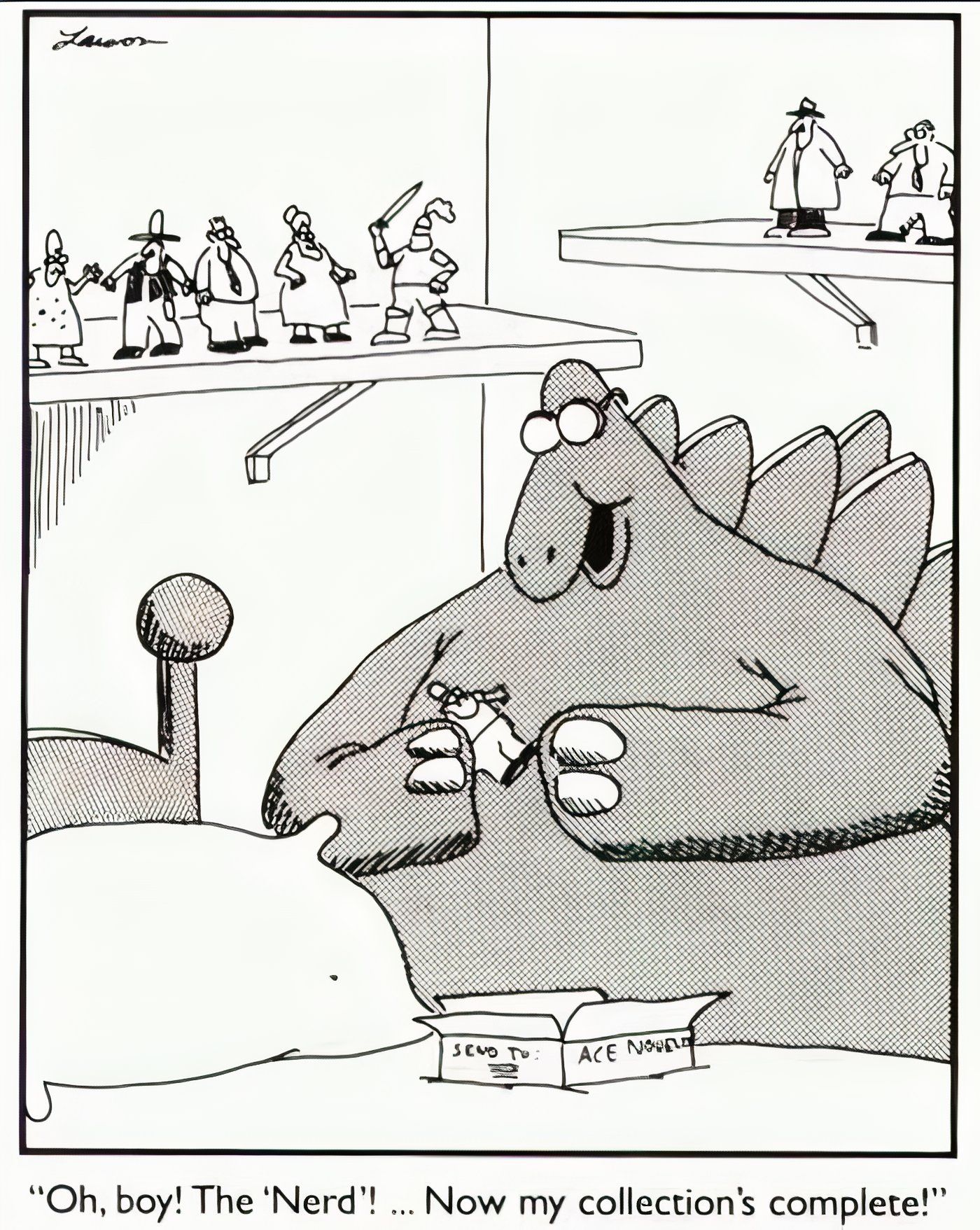 Um dinossauro coletando estatuetas humanas em The Far Side.